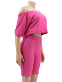 Hot Pink Half Sleeve Off Shoulder Crop Top and Biker Shorts Set