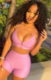 Pink Sexy Cami Crop Top and Biker Shorts Two Piece Set