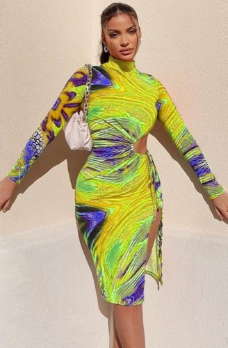 Sexy Print Long Sleeve Cutout Waist Slit Midi Dress
