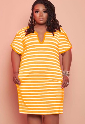 Plus Size V Neck Yellow Striped T-Shirt Dress