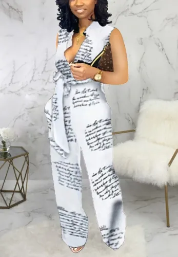 Print White Sleeveless Tie Waist Jumpsuit