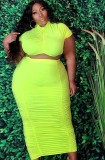 Plus Size Green Sexy Ruched Crop Top and Midi Skirt 2PCS Set