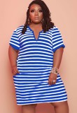 Plus Size V Neck Blue Striped T-Shirt Dress