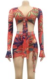 Print Red Long Sleeve Tied Crop Top and Mini Skirt Set
