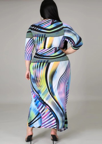 Plus Size 3/4 Sleeve Print Wrap Maxi Dress