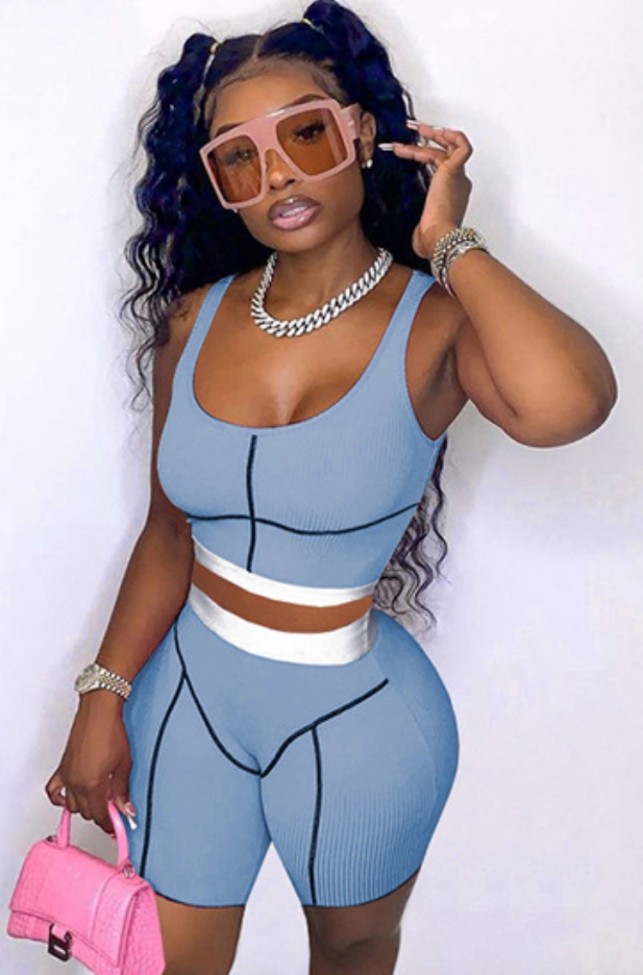 Blue Crop Tank and Biker Shorts Sports Two Pieces