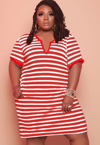 Plus Size V Neck Red Striped T-Shirt Dress