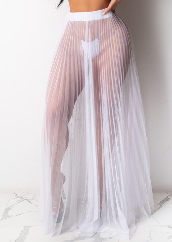 Sexy White Mesh Pleated Long Skirt Beach Cover Up