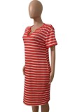 Plus Size V Neck Red Striped T-Shirt Dress