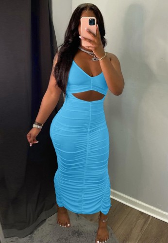 Blue Sexy Cut Out Ruched Halter Maxi Pencil Dress