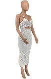White Sexy Cut Out Ruched Halter Maxi Pencil Dress