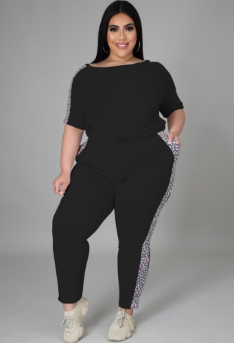 Plus Size Black Top and Pants Set with Contrast Panel