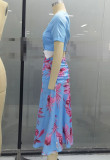 Blue Solid Crop Top and Floral Blue Slit Long Skirt Set