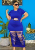 Plus Size Blue Sexy Ripped Bodycon Maxi Dress