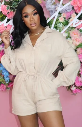 Beige Long Sleeve Casual Drawstrings Cargo Rompers