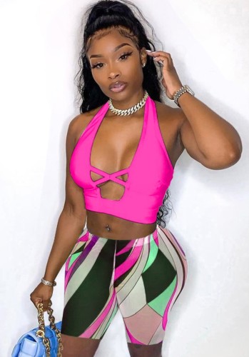 Sexy Hot Pink Halter Crop Top and Print Shorts Two Piece Outfits