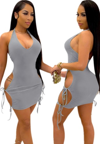 Gray Hollow Out Sexy Tie Sides Halter Bodycon Dress