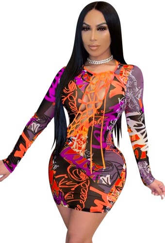 Print Graffiti Lace-Up Long Sleeve Bodycon Mini Dress