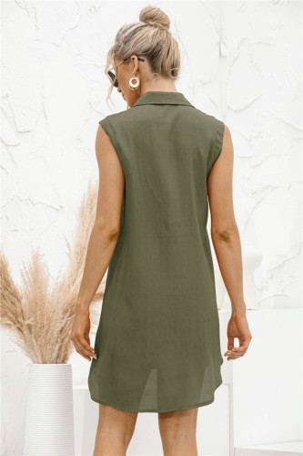 Casual Green V Neck Sleeveless Shirt Dress