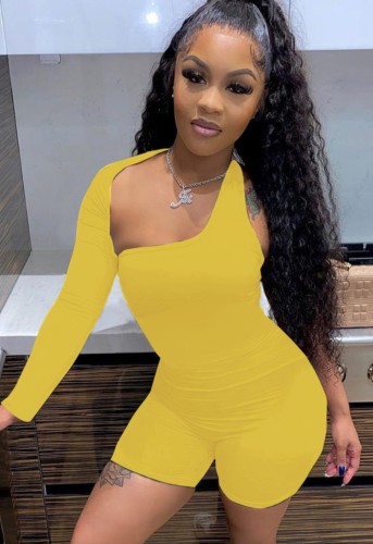 Yellow Asymmetric Bodycon Rompers with Single Sleeve