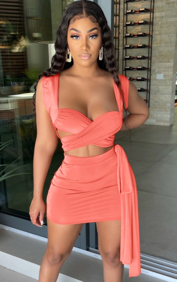 Solid Sexy Wrap Crop Top and Knot Mini Skirt Set