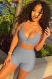 Grey Sexy Cami Crop Top and Biker Shorts Two Piece Set