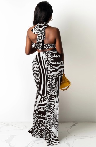 Print Black Halter Wrap Crop Top and Maxi Skirt 2PCS Set