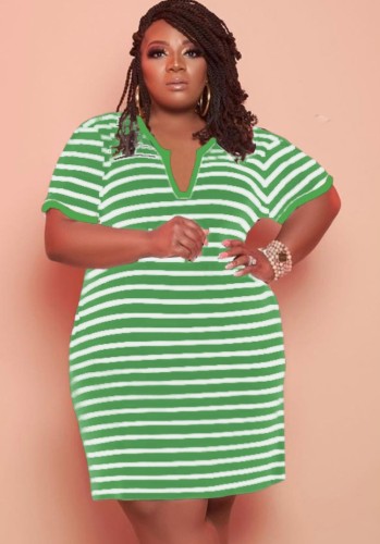 Plus Size V Neck Green Striped T-Shirt Dress