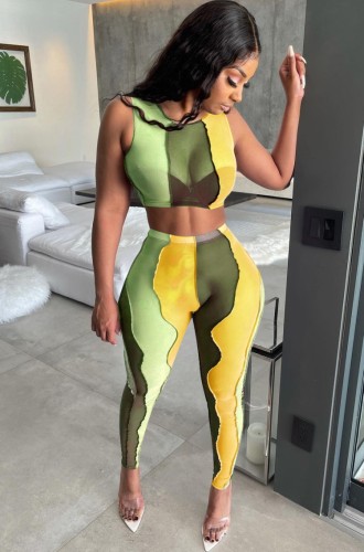 Colorblock Sexy Bodycon Crop Top and Pants Two Piece Set