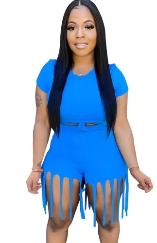 Blue Sexy Crop Top and Fringe Shorts 2PCS Set