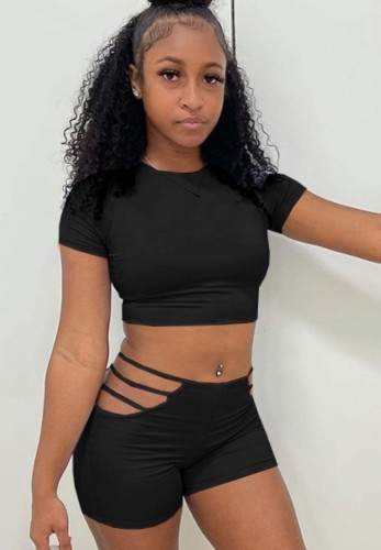 Black  Sexy Crop Tee and Cut Out Shorts Two Pieces
