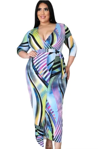 Plus Size 3/4 Sleeve Print Wrap Maxi Dress