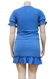 Plus Size Ruffles Blue Beaded Top and Mini Skirt Set