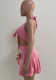Pink Sexy Tie Front Halter Bra and Pleated Skirt Set