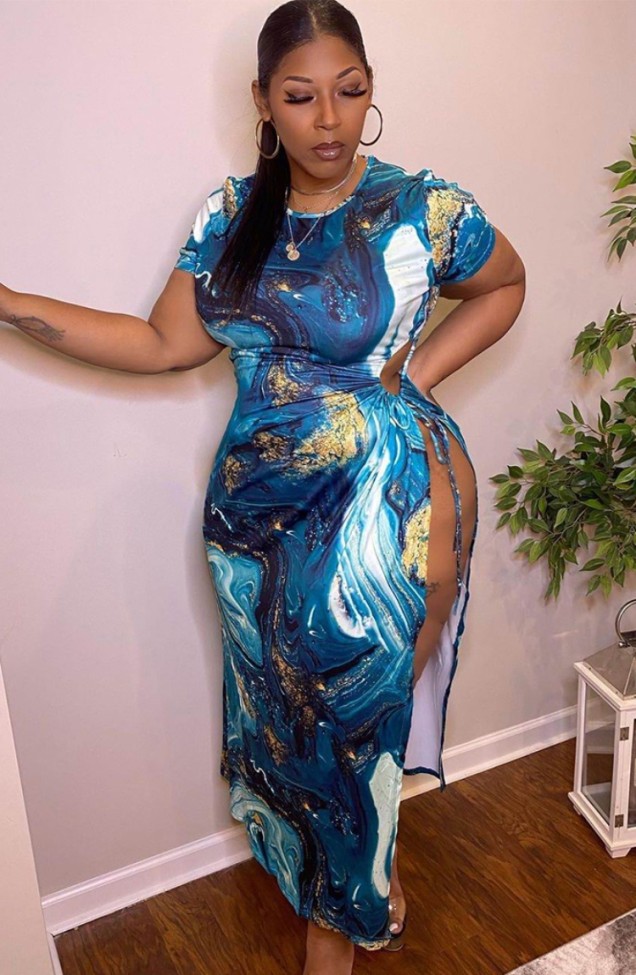 Plus Size Print High Slit Sexy Long Dress