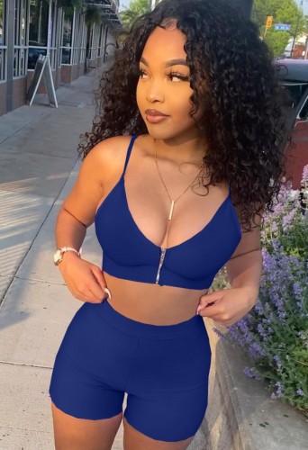 Blue Sexy Cami Crop Top and Biker Shorts Two Piece Set