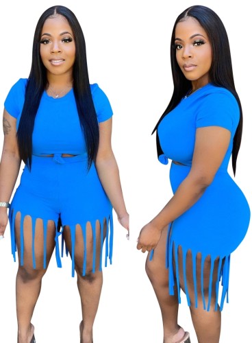 Blue Sexy Crop Top and Fringe Shorts 2PCS Set