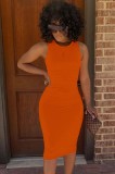 Orange Sexy Sleeveless Bodycon Midi Dress