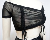 Black Sexy Ruched Crop Top and Mini Skirt Two Piece Set