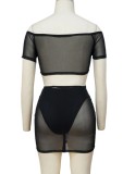 Black Sexy Ruched Crop Top and Mini Skirt Two Piece Set