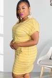 Plus Size Yellow Stripes Drawstrings T-shirt Dress