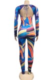O-Ring Print Cut Out Ruched Long Sleeve Bodycon Jumpsuit