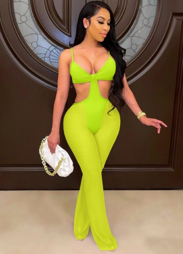 Green Sexy Cut Out Mesh Splicing Cami Jumpsuit
