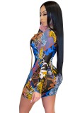 Print Graffiti Lace-Up Long Sleeve Bodycon Mini Dress