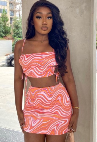 Print Orange Sexy Cami Crop Top and Mini Skirt Two Pieces