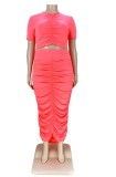 Plus Size Pink Sexy Ruched Crop Top and Midi Skirt 2PCS Set
