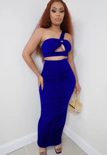 Blue Sexy One Shoulder Crop Top and Ruched Long Skirt Set