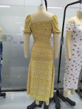 Yellow Floral Knot Slit Long Dress