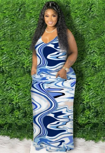 Plus Size Blue Print V Neck Cami Maxi Dress