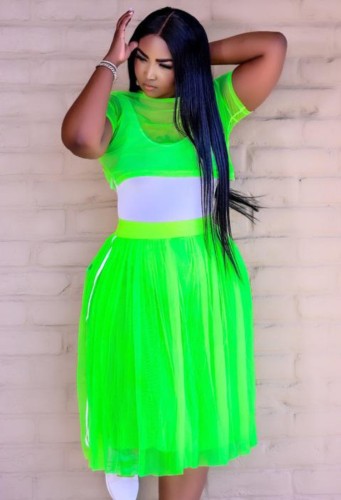 Green 3PCS Mesh Crop Top and Skirt with Bodysuit